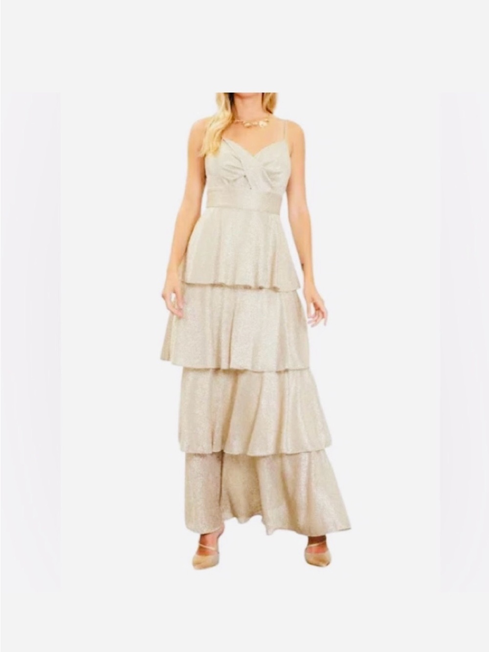 Skies Are Blue Pale Gold Shimmer Tiered Maxi Dress - Picture 2 of 2